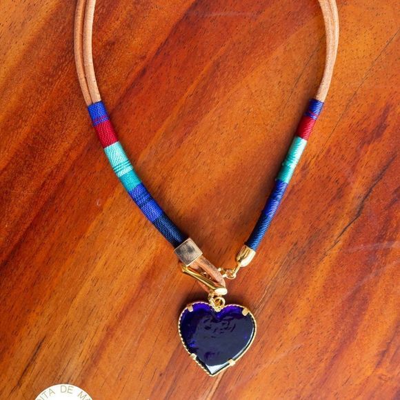 Handmade colorful necklace gold plated heavy new leather cord - Picture 1 of 4